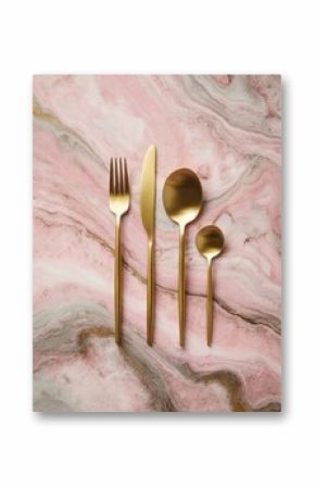 Gold cutlery set (fork, knife, spoon, teaspoon) arranged on a pink and grey marbled surface