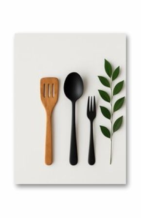 Minimalist kitchen flat lay with matte black cutlery, wooden spatula, and green branch on clean white background, representing eco living, simplicity, and modern dining  