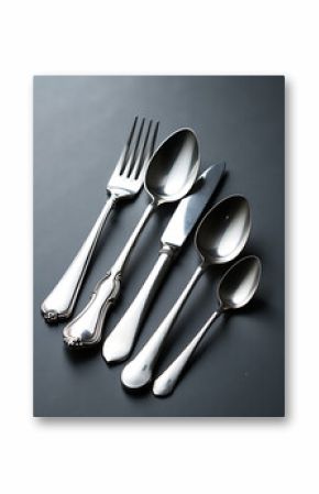 refined silver cutlery set lies elegantly arranged rich matte grey background lit soft diffused light upper left