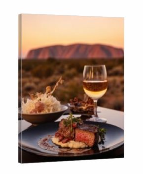 Gourmet steak meal served with wine at sunset near Uluru, Australia. Experience elegant dining experience with delicious food, fine wine, scenic landscape. Perfect for travel, culinary, lifestyle