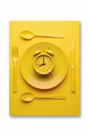 A conceptual image of mealtime featuring a yellow alarm clock on a plate with matching cutlery, symbolizing a scheduled diet or fasting.