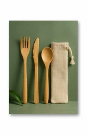 An eco-friendly bamboo cutlery set displayed neatly, with fork, knife, spoon, and a fabric carrying bag