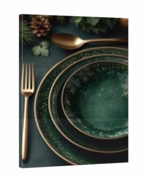 Elegant festive table setting with green plates and golden cutlery for a holiday celebration