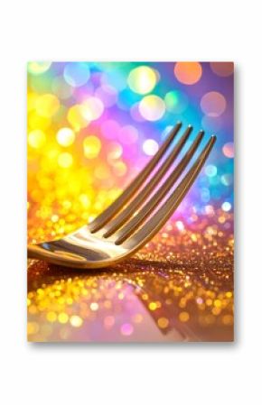 Golden fork on colorful glitter background