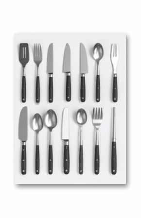 Arrangement of Silver Cutlery with Black Handles on White Background Flatlay