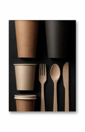 Disposable coffee cups and eco-friendly cutlery arranged on a black surface