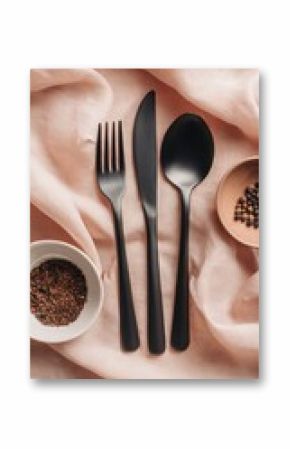 Flatlay of matte black cutlery on blush pink linen, accompanied by two small bowls of assorted peppercorns