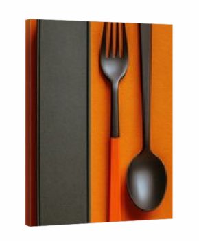 Dark gray/black reusable cutlery set in orange case on orange background