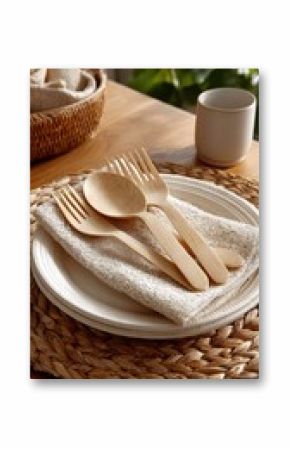 Wooden cutlery set on a table with placemat and napkin