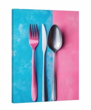 Stylish cutlery display on colorful background featuring pink and blue surfaces
