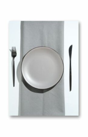 Stylish plate, cutlery and runner on white background, flat lay