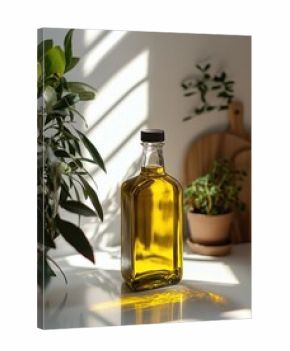 Clear glass bottle of golden olive oil, bathed in sunlight, beside plants