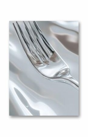 Close view of a shiny fork resting on a textured metallic surface reflecting soft light in a contemporary setting