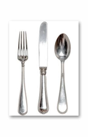 Silver fork, knife, and spoon isolated on transparent background