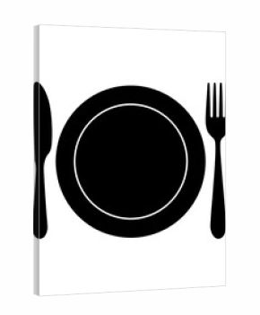 Simple black silhouette of plate, knife, and fork
