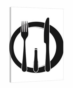 Simple black and white illustration of a plate, fork, knife, and spoon