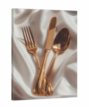 Gold cutlery luxury table setting white satin fabric elegant dining fork knife spoon shiny reflective sophisticated winter celebration