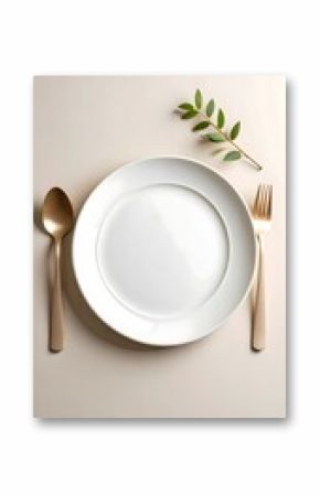 Empty white plate with gold cutlery and sprig of greenery on a light beige background, ready for a meal.