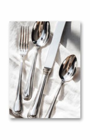 Silver cutlery luxury table setting winter fork spoon knife elegant reflective white napkin sunlight Elegant silver cutlery set with fork spoon and knife arranged white napkin sunlight creating
