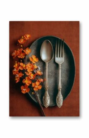 Antique silverware and delicate edible flowers on a rustic orange background