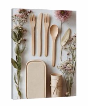 Eco-friendly wooden cutlery and lunch box with delicate floral arrangement