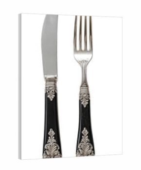 Formal black and silver cutlery set, knife and fork. Ornate handles