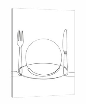 Continuous line drawing of a plate, fork, and knife