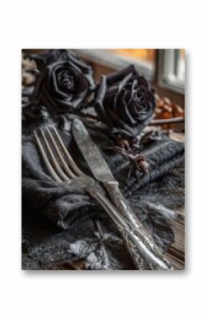 Dark Moody Table Setting for Halloween Dinner with ornate vintage silverware on textured dark napkin beside black roses, styled on rustic wooden surface with soft natural autumn light from window
