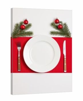Festive dinner setting with plate and cutlery holiday table food presentation indoor top-down view christmas theme
