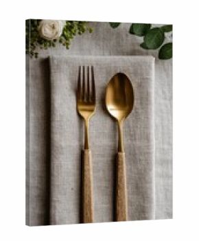 Gold cutlery set on linen napkin