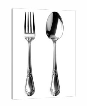 Silverware Fork and Spoon with Ornate Design, Glossy Finish on Transparent Background, Elegant Cutout for Digital Media