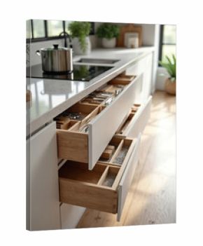 Modern kitchen features open drawers revealing solid oak wood cutlery drawer inserts. Organized storage system with assorted kitchen utensils, knives, forks, spoons neatly arranged in compartments