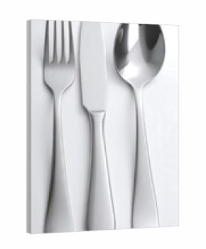 Polished silverware, fork, knife, and spoon, arranged vertically against a plain background