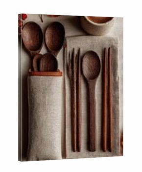 Wooden cutlery set in a linen pouch, autumnal decor