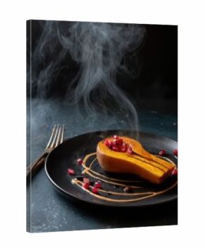 Moody overhead photo of roasted squash with pomegranate drizzle and herbs. Editorial textures, brass cutlery and elegant seasonal harvest styling