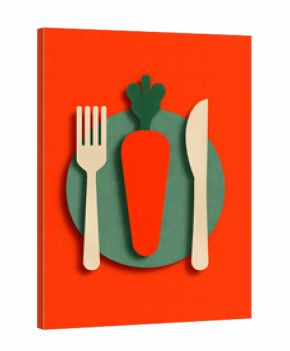 Creative paper art of carrot on plate with fork and knife over red background, perfect for vegetarian, vegan, healthy eating, and food concept themes. 