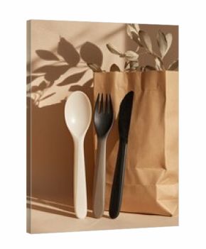 Set of three eco-friendly cutlery pieces, cream, gray, and black, on beige backdrop