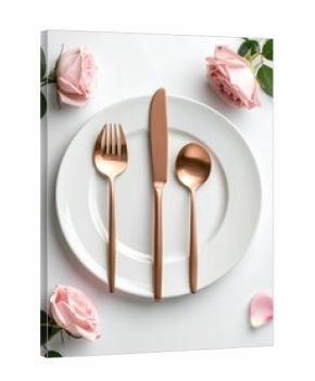 Elegant setting rose gold cutlery on white plate, pink roses