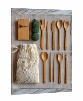 Eco-Friendly Wooden Kitchen Utensils and Storage Bag on Stylish Marble Background