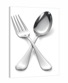 Silver fork and spoon crossed on a white background