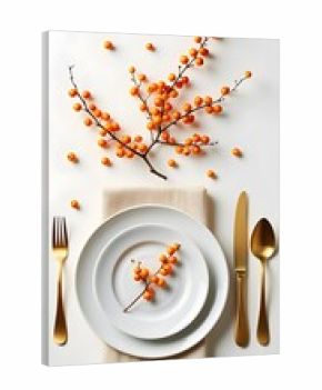 Autumn table setting featuring golden cutlery and orange berries on a white background table