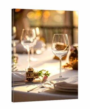 Close-up shot of an elegant table setting. Sunlight casts a warm glow on glassware & napkins