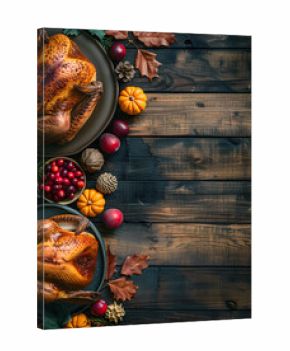 Thanksgiving background featuring a left-side arrangement of harvest elements pumpkins, wheat, apples, acorns, and fall leaves set against a wooden textured backdrop