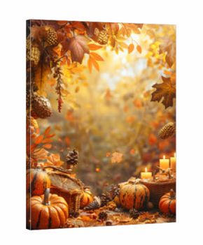 Orange pumpkins with autumn leaves frame orange background for thanksgiving background decoration