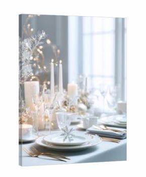 Elegant white Christmas table setting with fine china, silver cutlery, white candles, snowflake napkins, crystal glassware, light grey tablecloth, soft natural lighting, minimal golden accents, luxury