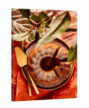 Spiced Bundt Cake on a Tablecloth Viewed from Above