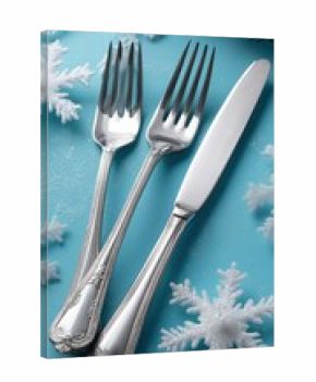 Elegant silver cutlery with snowflakes on blue festive winter table setting