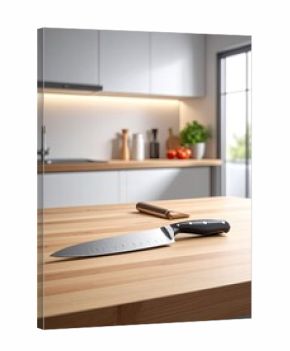 Close Up of a Chef Knife on a Wooden Kitchen Table with Bright Lighting and Blurred Background