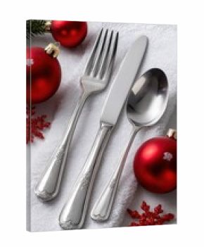 Elegant silverware with christmas decorations on white towel