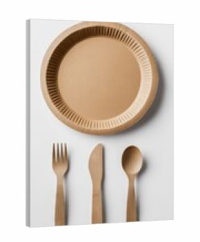 Aerial view of eco-friendly paper plates and wooden cutlery arranged artistically on a white surface for sustainable dining experiences